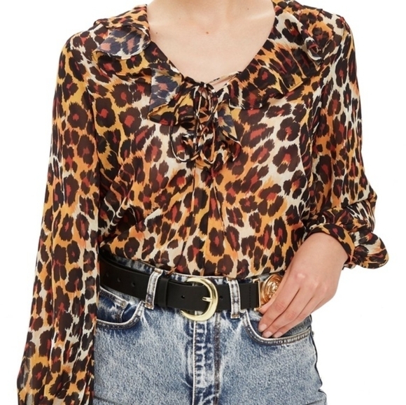 Topshop Leopard Print Sheer Ruffle Blouse - Picture 1 of 5